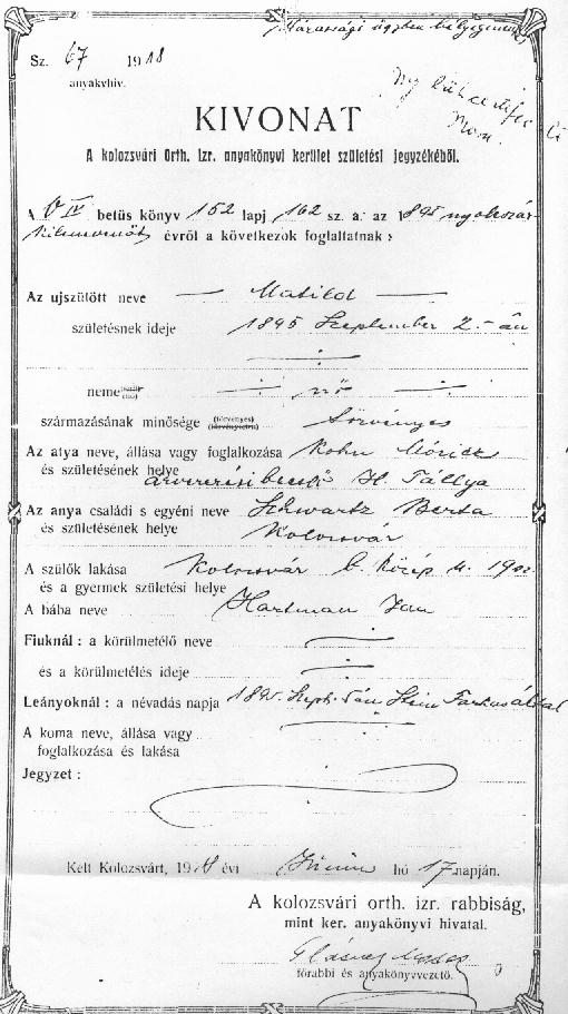 Matild Kohn's Birth Certificate, 1895